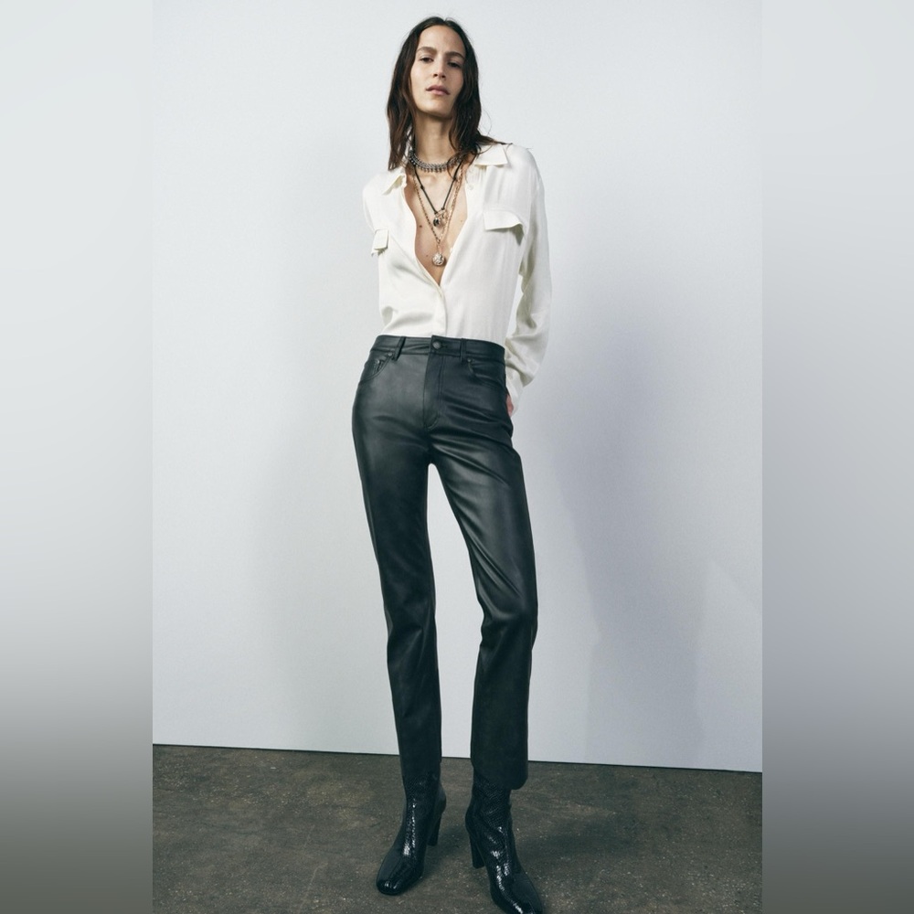 NWT Zara Woman ZW COLLECTION FAUX LEATHER HIGH WAISTED BOOTCUT Cropped Pants 14 - Picture 1 of 8